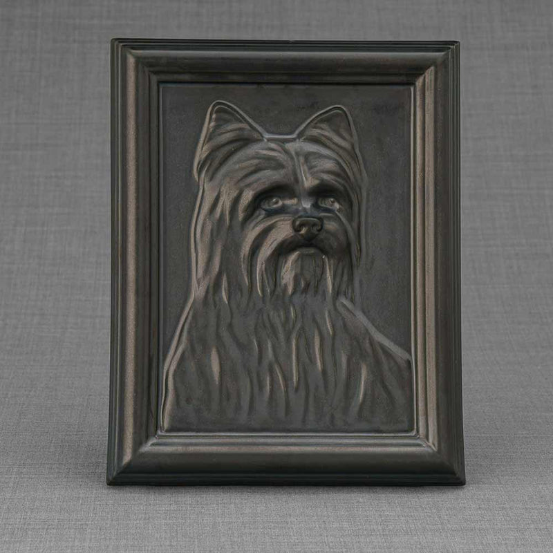 Male Yorkie Portrait Dog Urn for Ashes in Matte Black