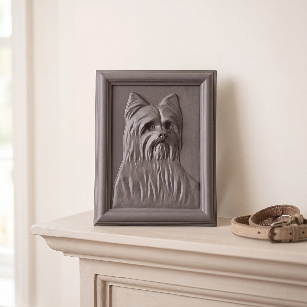 Male-Yorkie-Portrait-Dog-Urn-for-Ashes-in-Matte-Grey-On-the-Mantelpiece