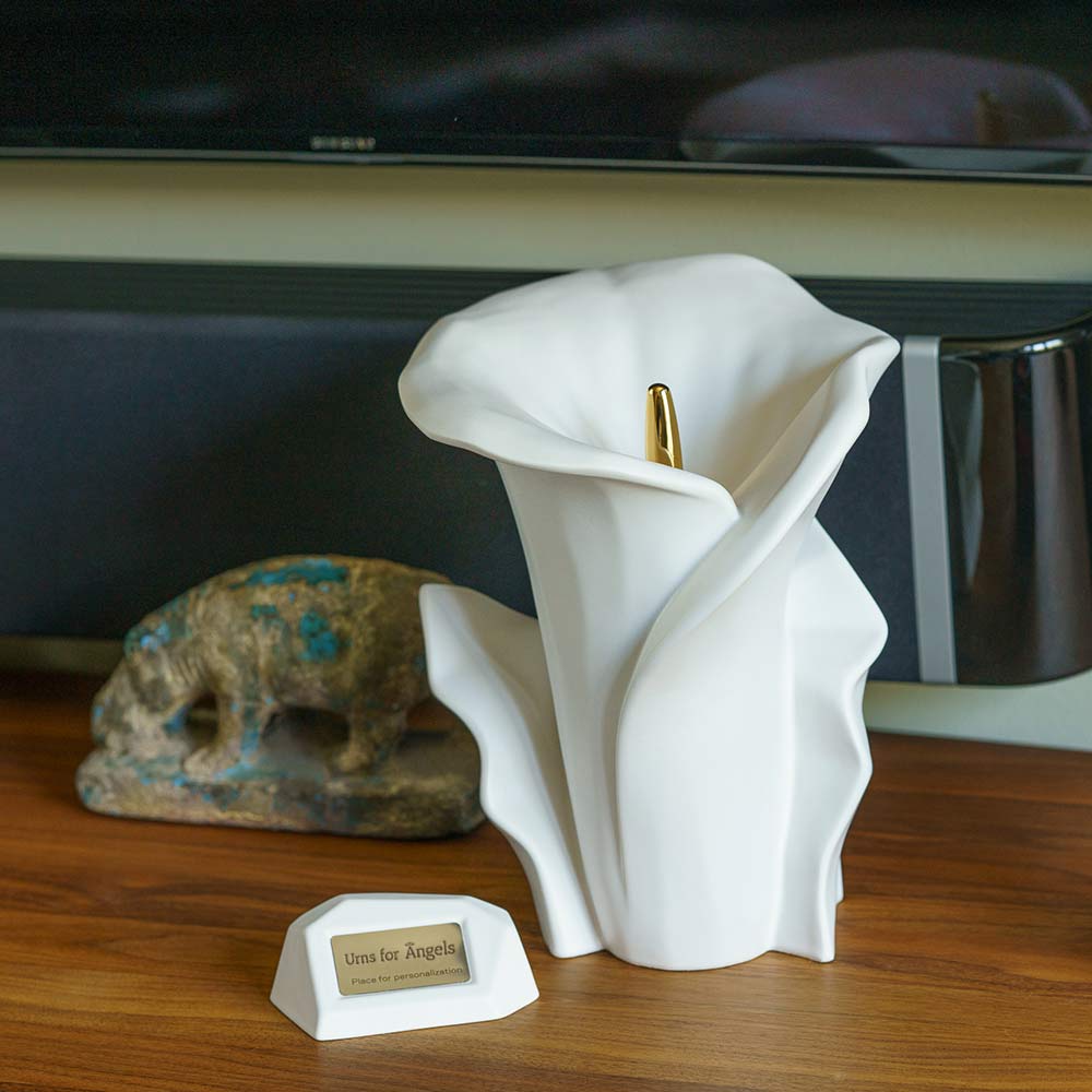 Memorial Nameplate Holder Matte White with Calla Lily within Home