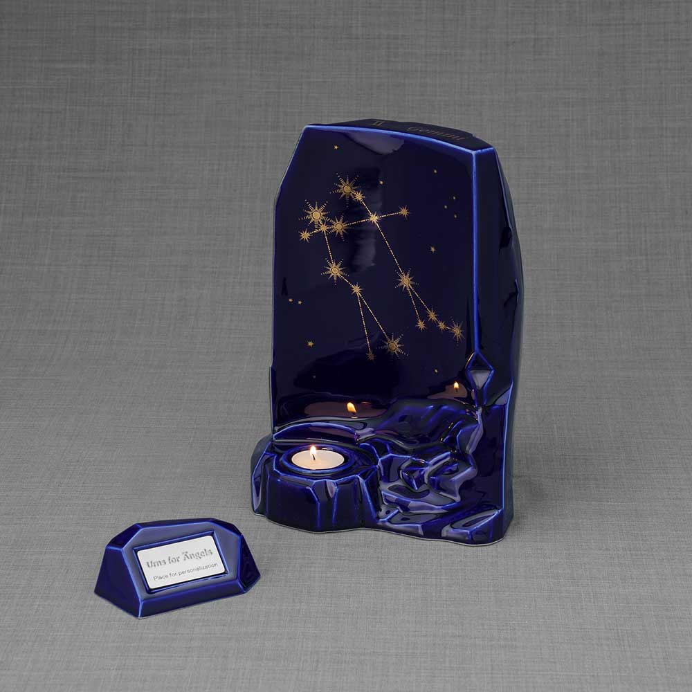 Memorial Nameplate Holder Metallic Blue with Zodiac Star Sign