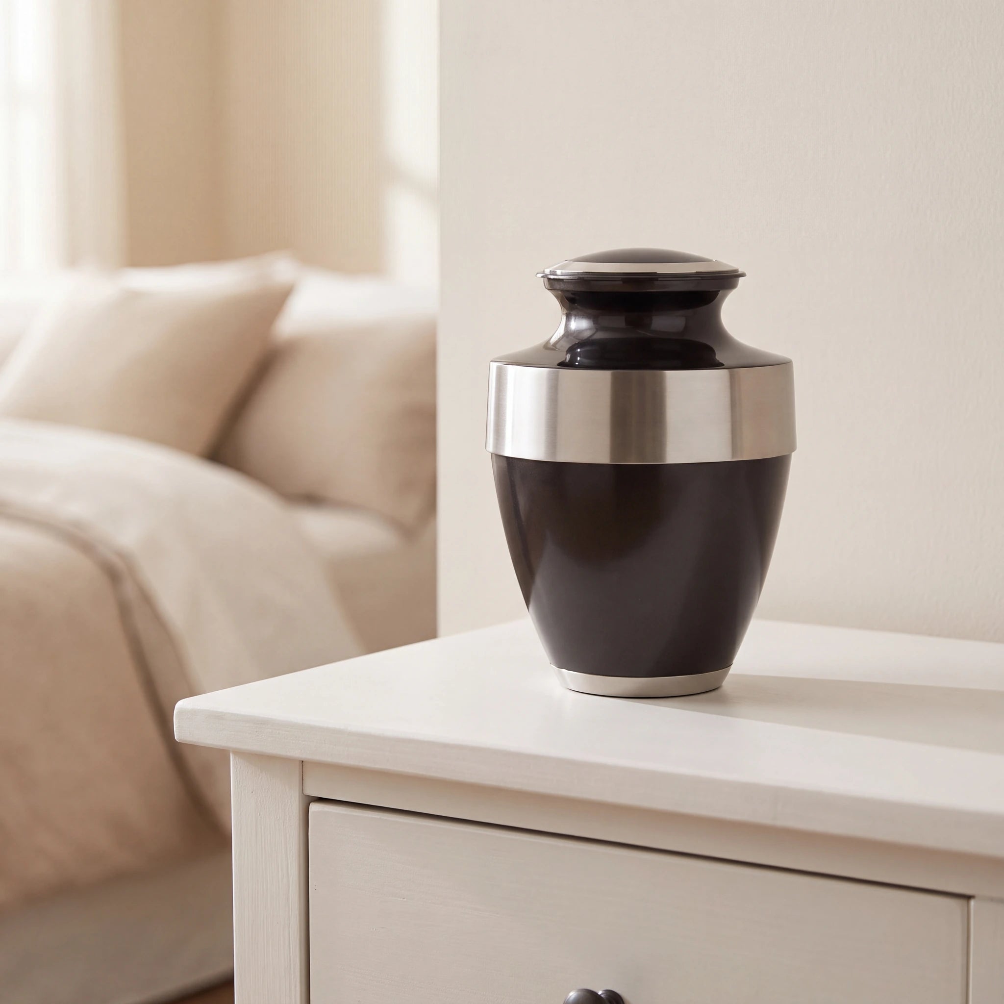 Metal Adult Cremation Urn for Ashes in Black with Silver Band