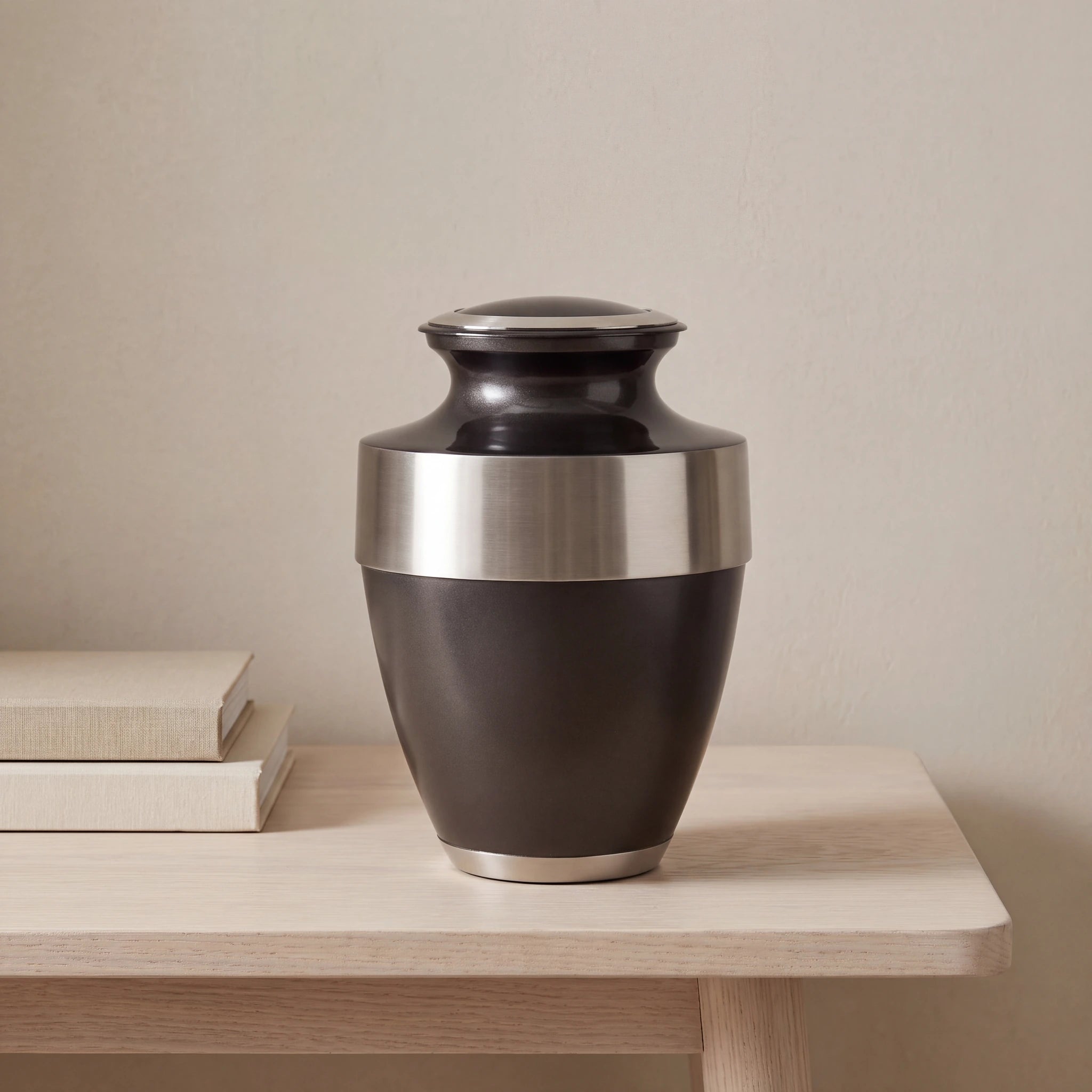 Metal Adult Cremation Urn for Ashes in Black with Silver Band