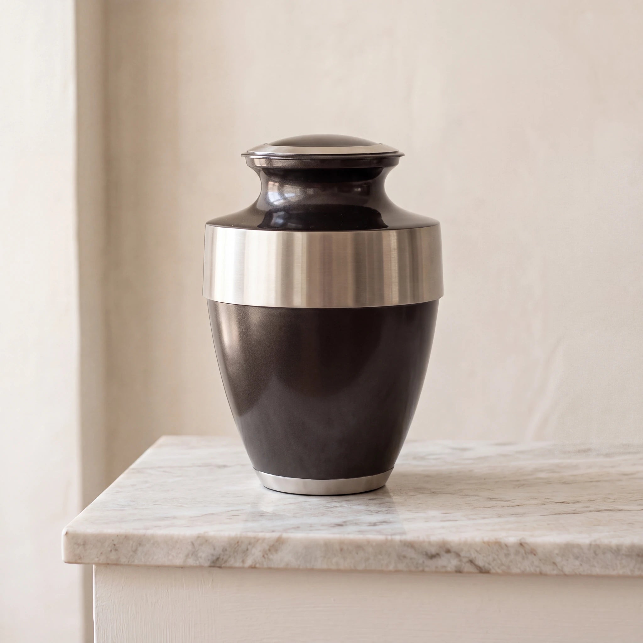 Metal Adult Cremation Urn for Ashes in Black with Silver Band