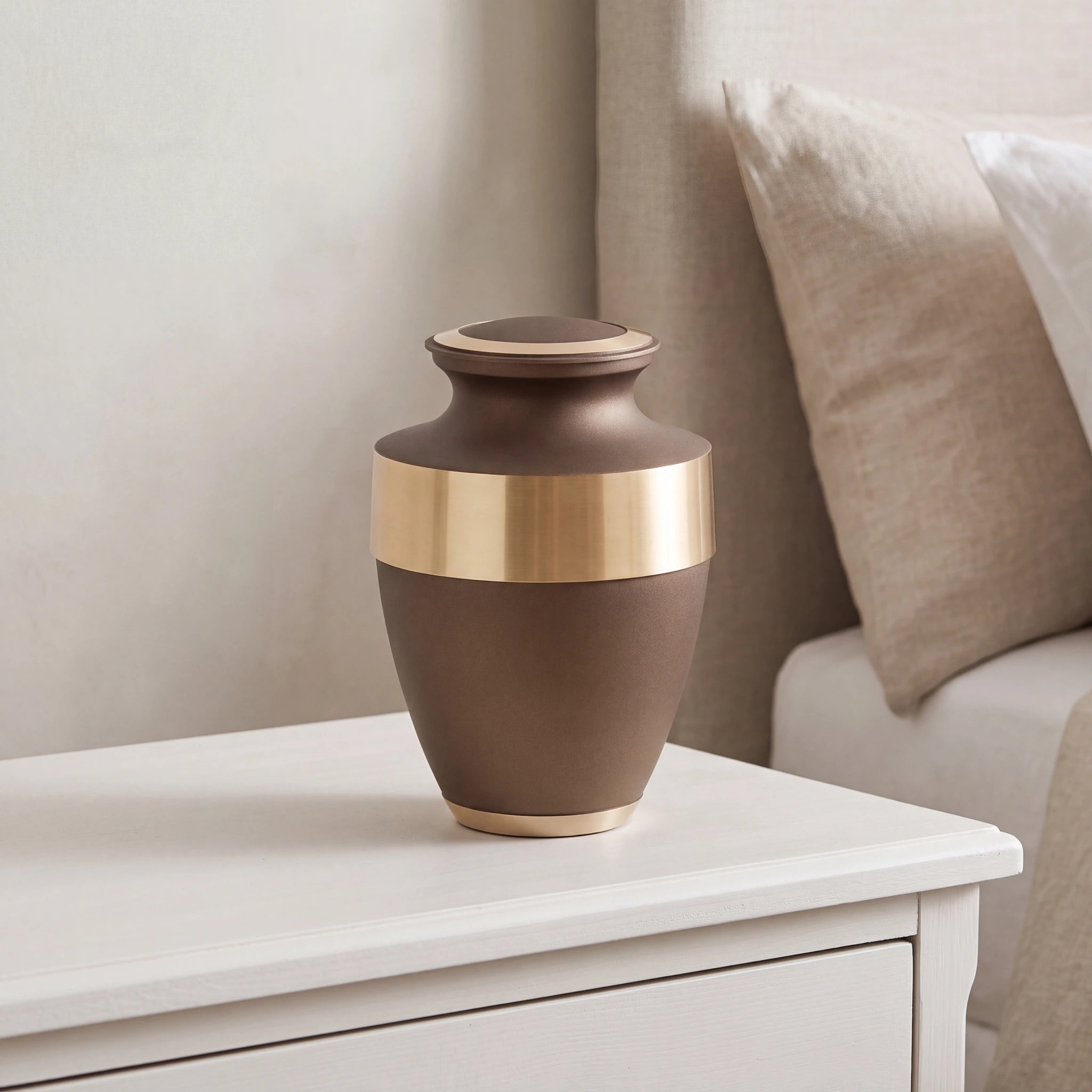Metal Adult Cremation Urn for Ashes in Bronze with Gold Band