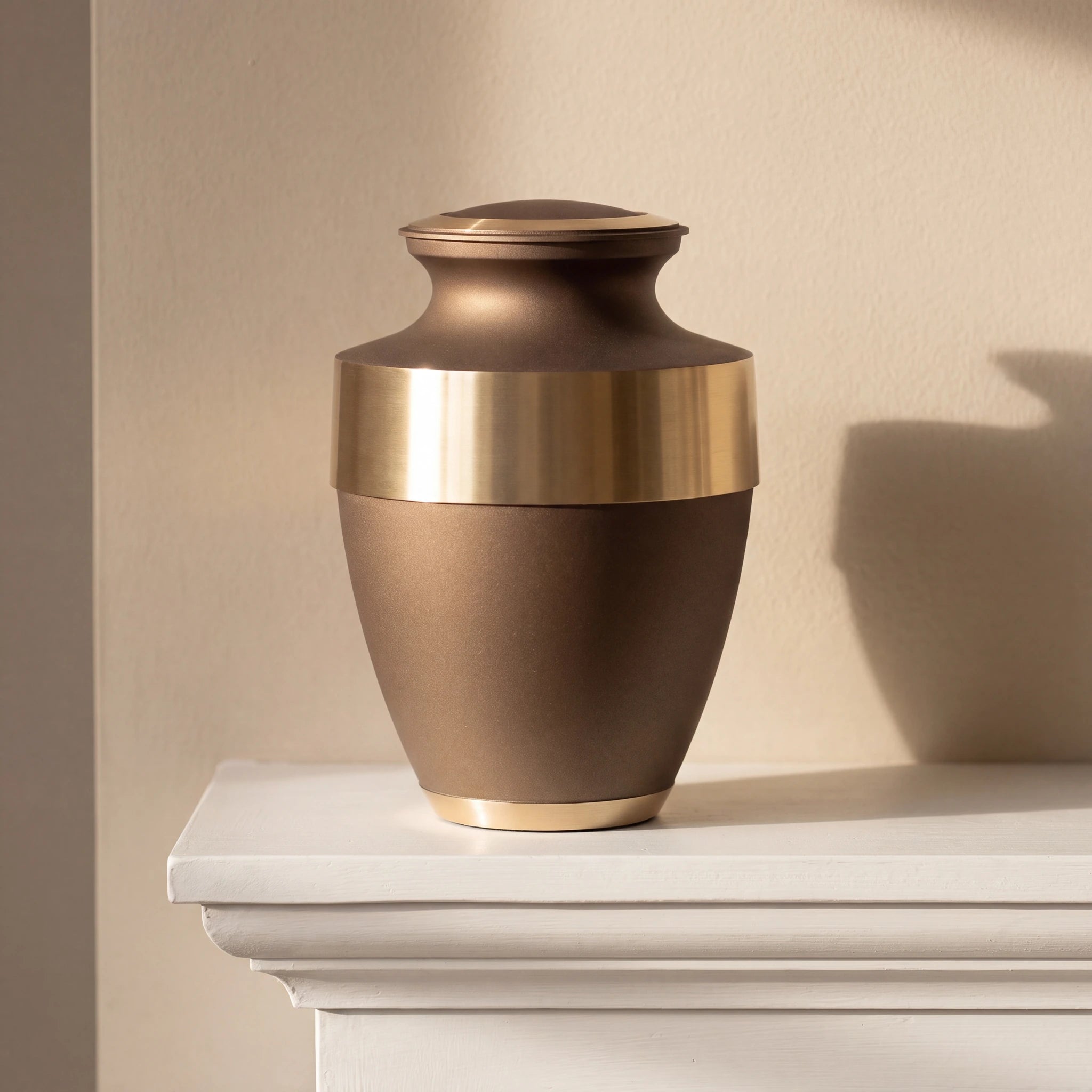 Metal Adult Cremation Urn for Ashes in Bronze with Gold Band