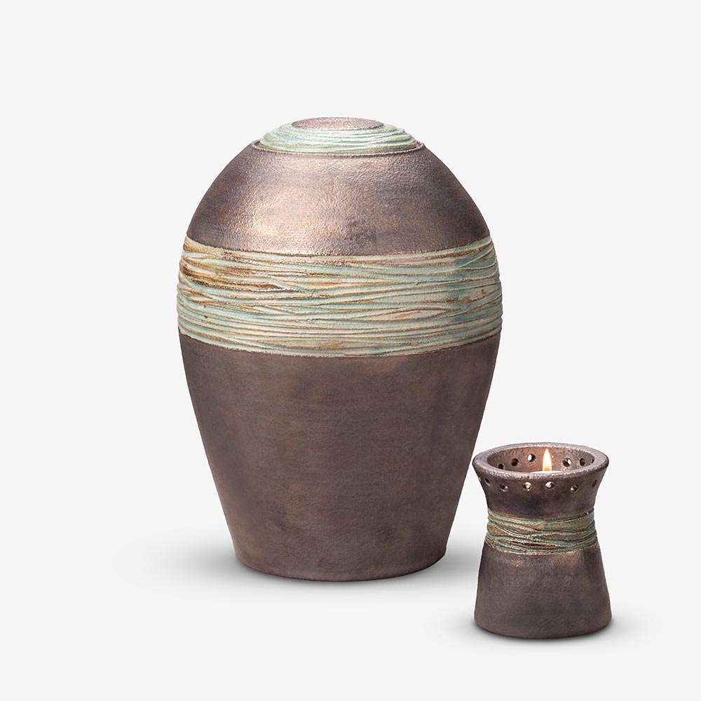 Oasis Adult Cremation Urn for Ashes in Bronze and Jade Green Set