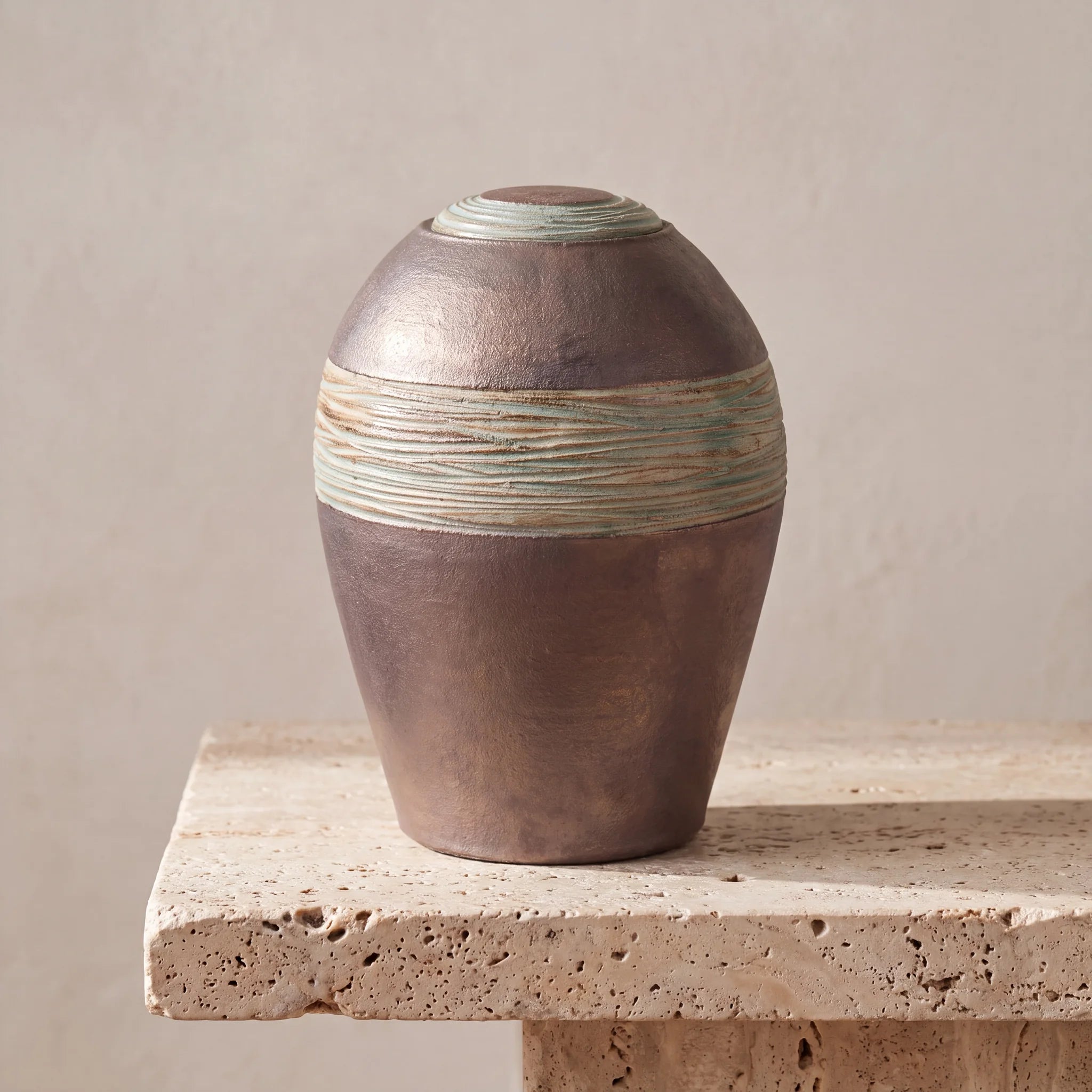 Oasis Adult Cremation Urn for Ashes in Bronze and Jade Green