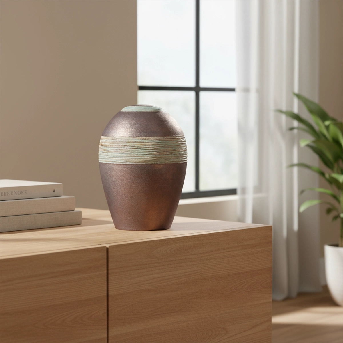 Oasis Adult Cremation Urn for Ashes in Bronze and Jade Green