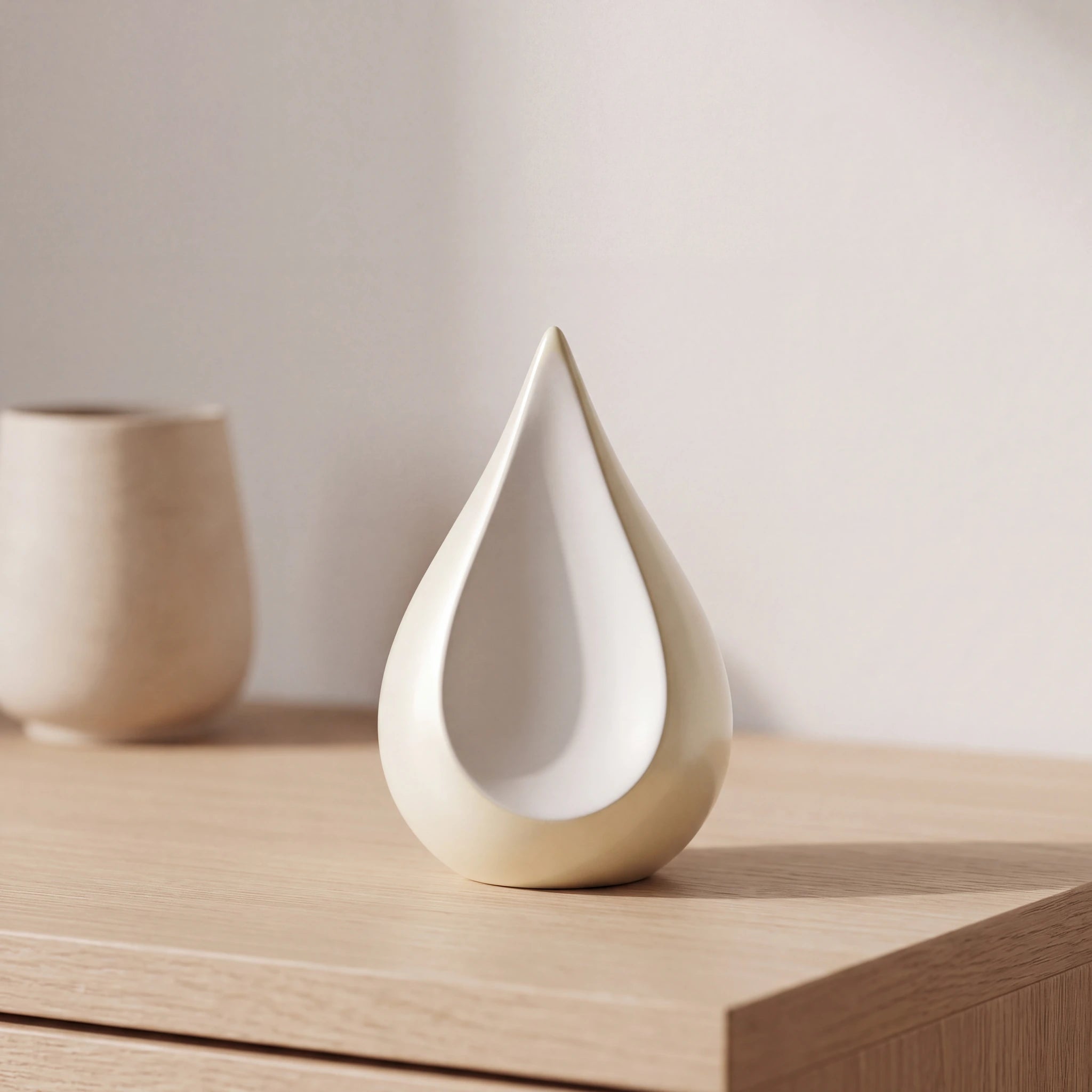 Odyssee-Metal-Teardrop-Keepsake-Urn-for-Ashes-in-Ivory-and-White-Oak-Console