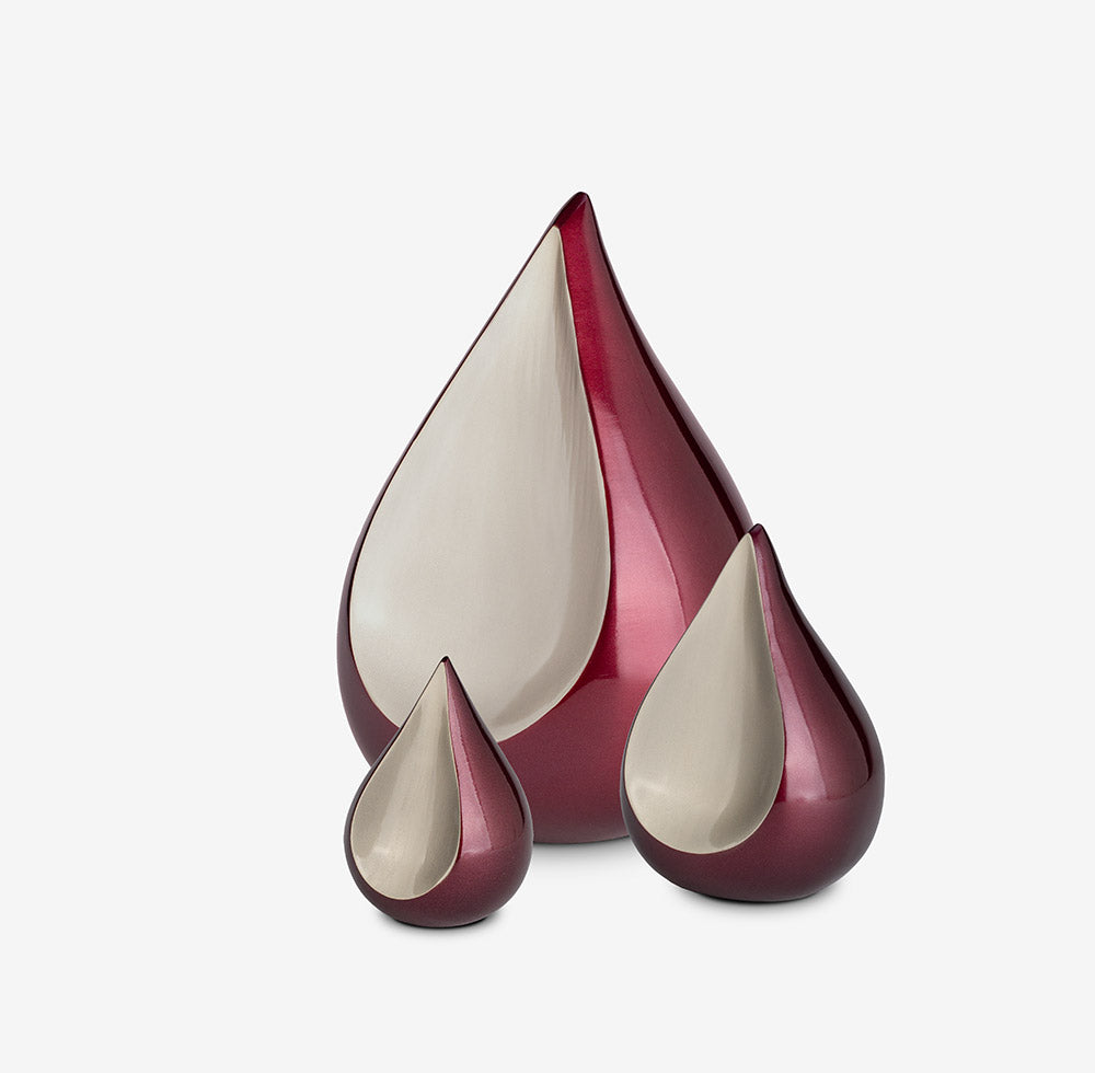 Odyssee Teardrop Keepsake Urn for Ashes in Ruby Red and Silver Set