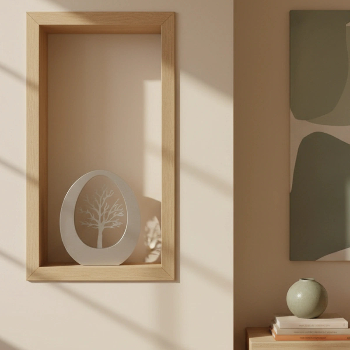 Oval Adult Cremation Urn for Ashes in Stainless Steel with Tree in Wall Shelf in Home
