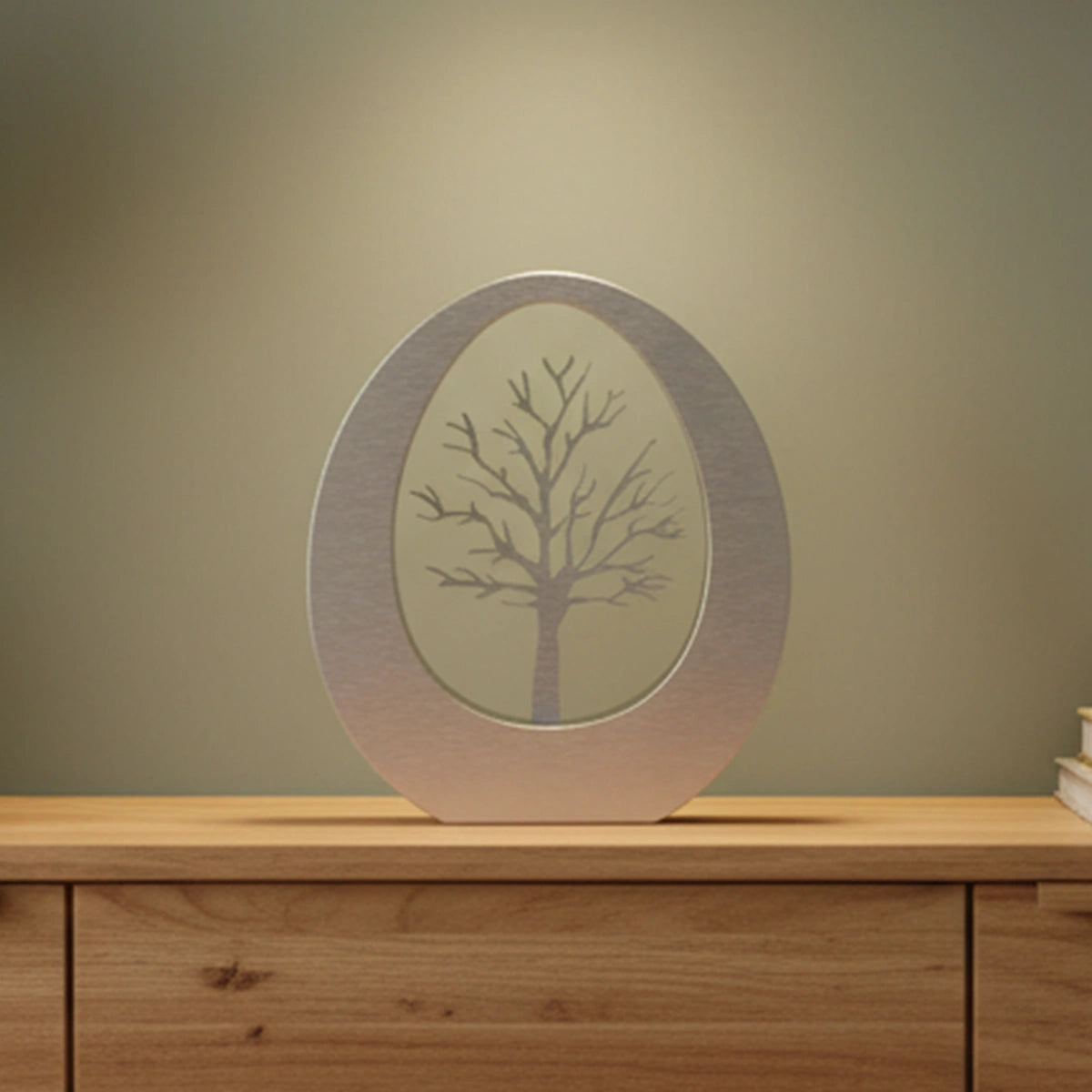 Oval Companion Urn for Ashes in Stainless Steel with Tree of Life on Side Console