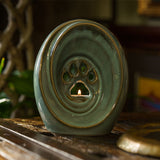 Paw Print Pet Urn for Ashes in Oily Green