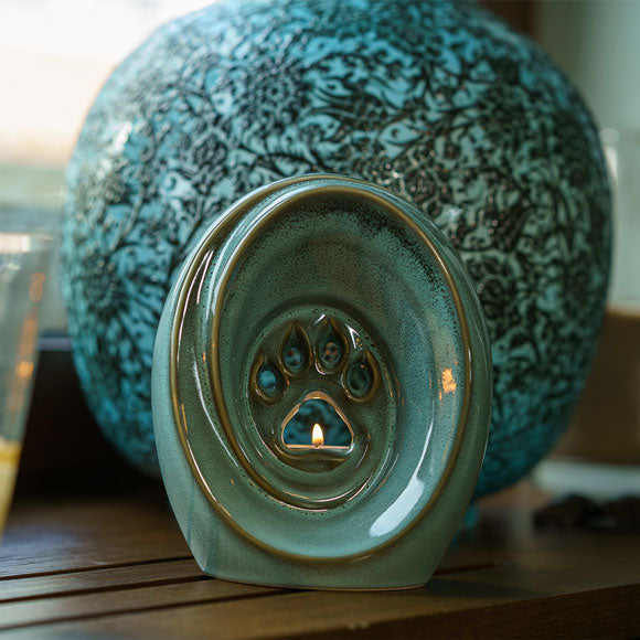 Paw Print Pet Urn for Ashes in Oily Green