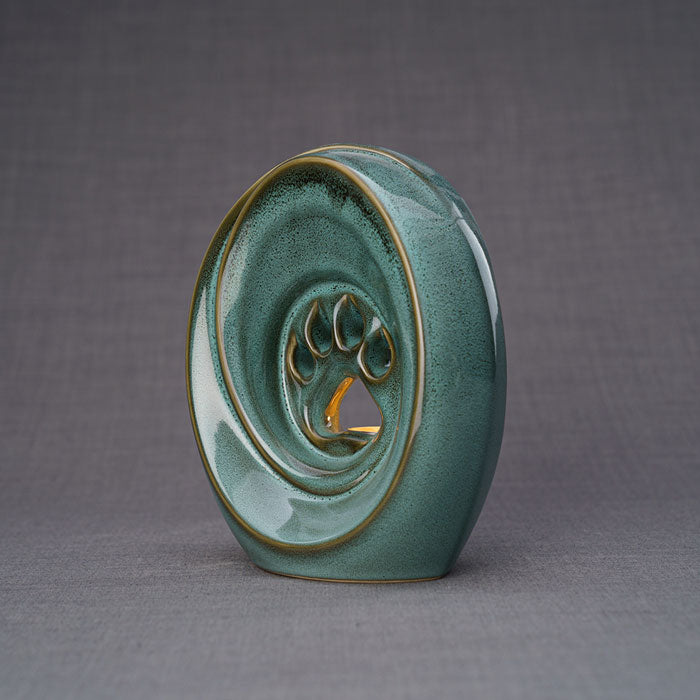 Paw Print Pet Urn for Ashes in Oily Green