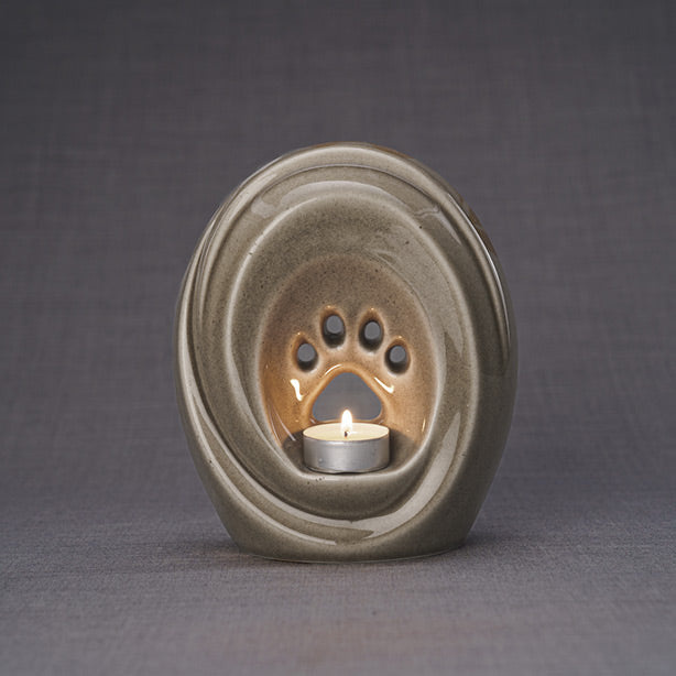 Paw Print Pet Urn for Ashes in Beige Grey Back Light