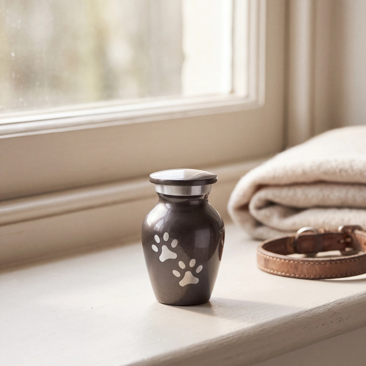 Pawprint-Pet-Keepsake-Urn-for-Ashes-in-White-Silver-pet_sunny_sill