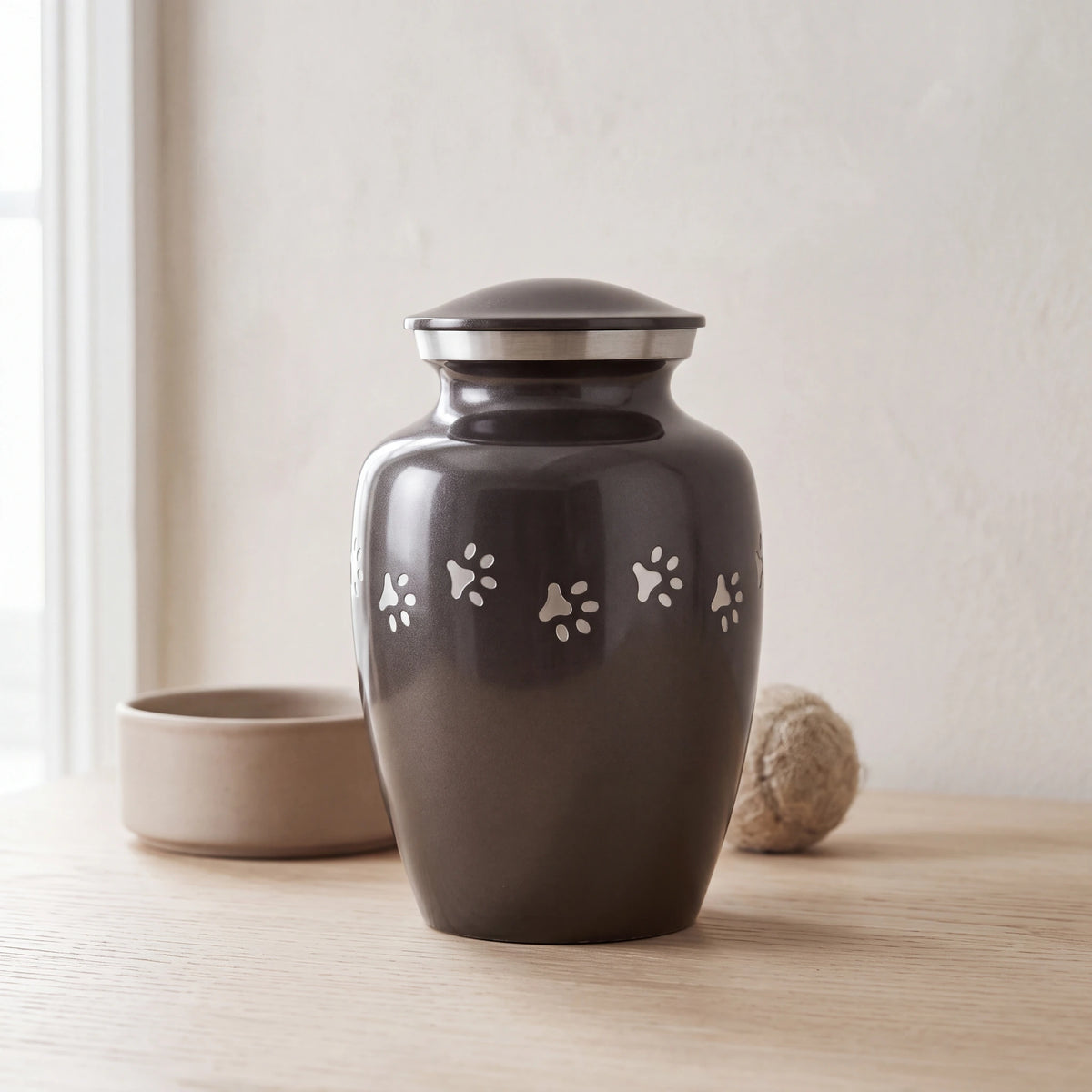 Pawprint-Pet-Urn-for-Ashes-in-Graphite-Silver-Medium-pet_bowl_ledge