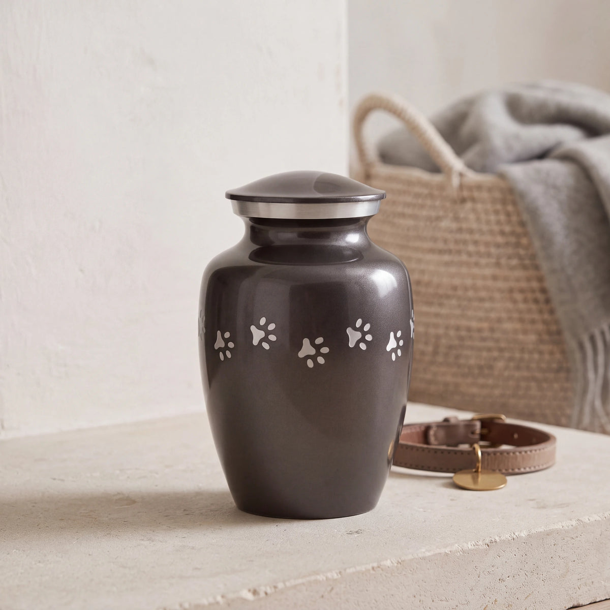 Pawprint-Pet-Urn-for-Ashes-in-Graphite-Silver-Medium-pet_hearth_basket