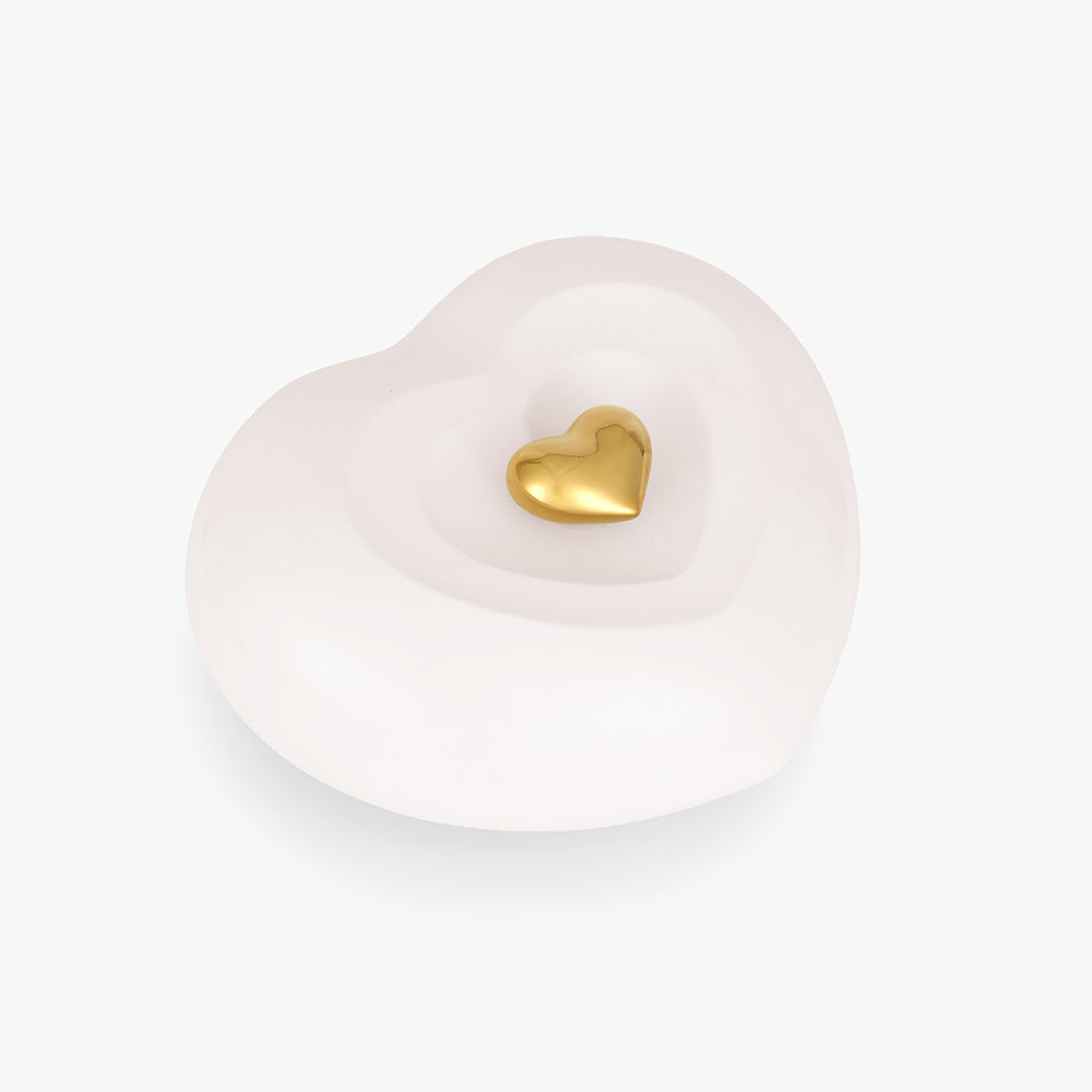 Peaceful Heart Adult Cremation Urn for Ashes Front in White and Gold