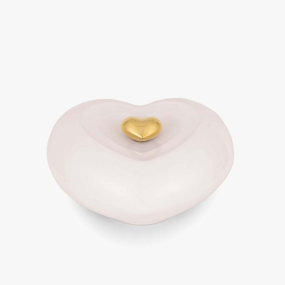 Peaceful Heart Adult Cremation Urn for Ashes Front in White and Gold