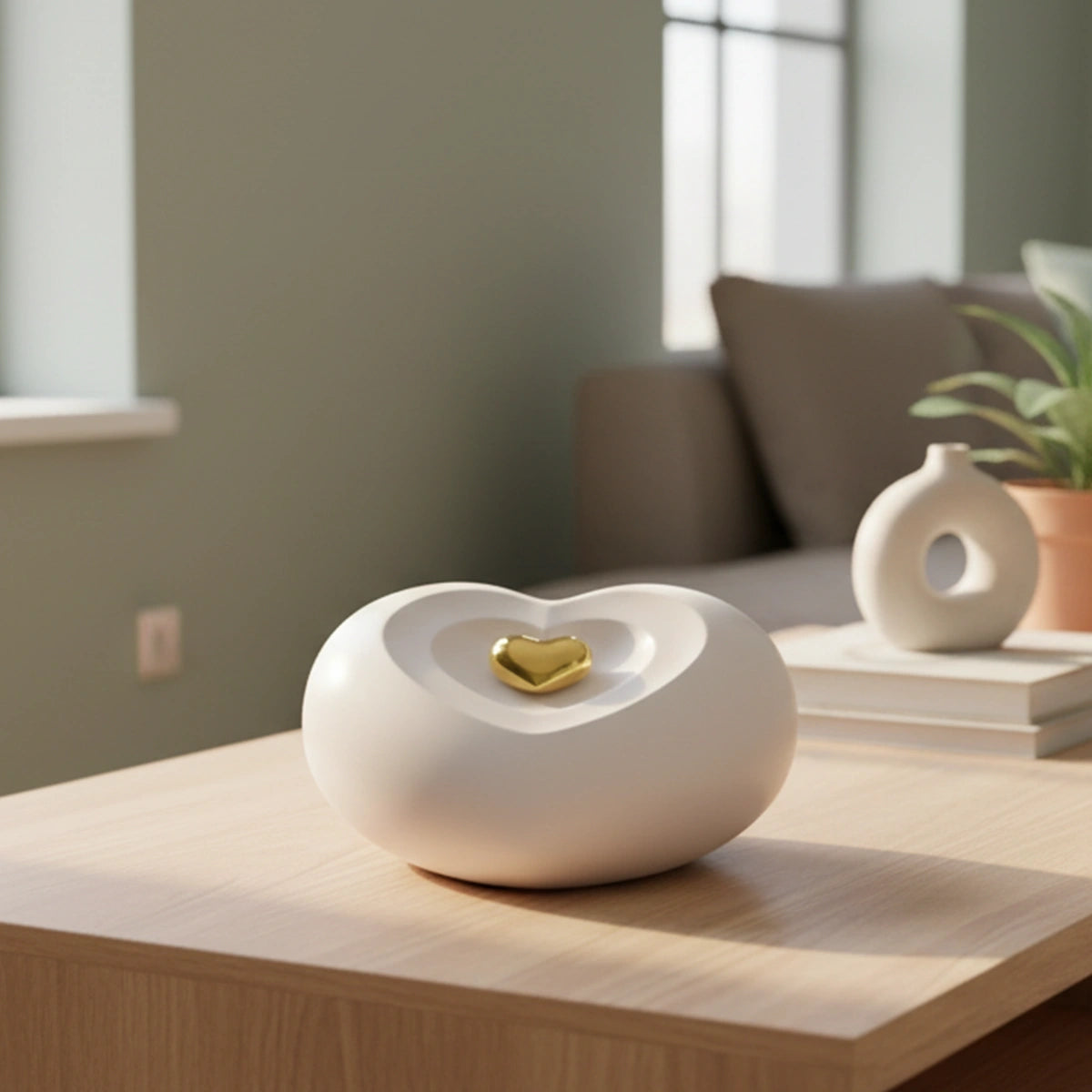 Peaceful Heart Adult Cremation Urn for Ashes Front in White and Gold