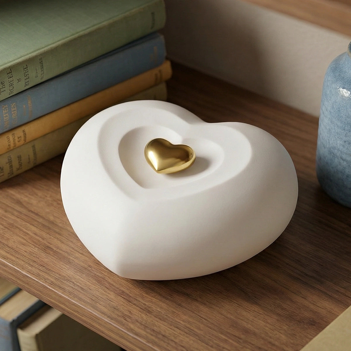 Peaceful Heart Adult Cremation Urn for Ashes Front in White and Gold