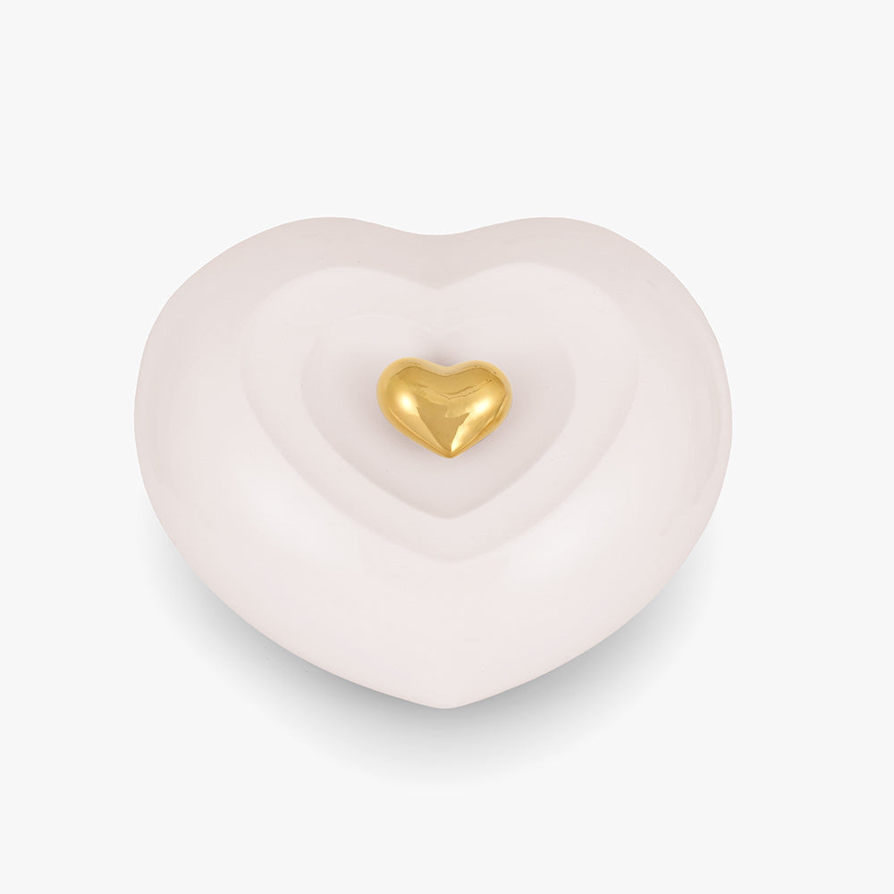 Peaceful Heart Adult Cremation Urn for Ashes Front in White and Gold