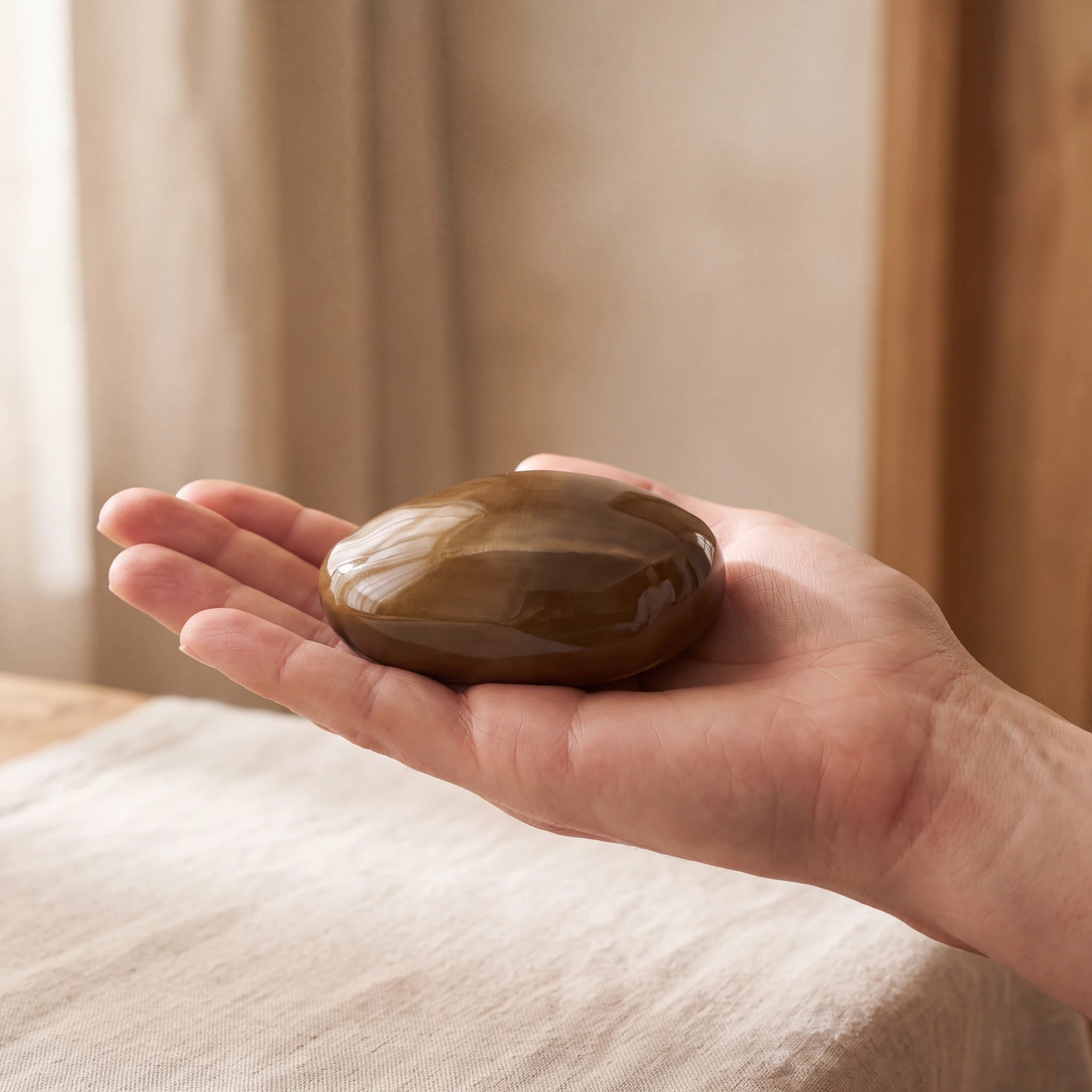 Pebbles-Small-Urn-for-Ashes-in-Brown-In-the-Palm