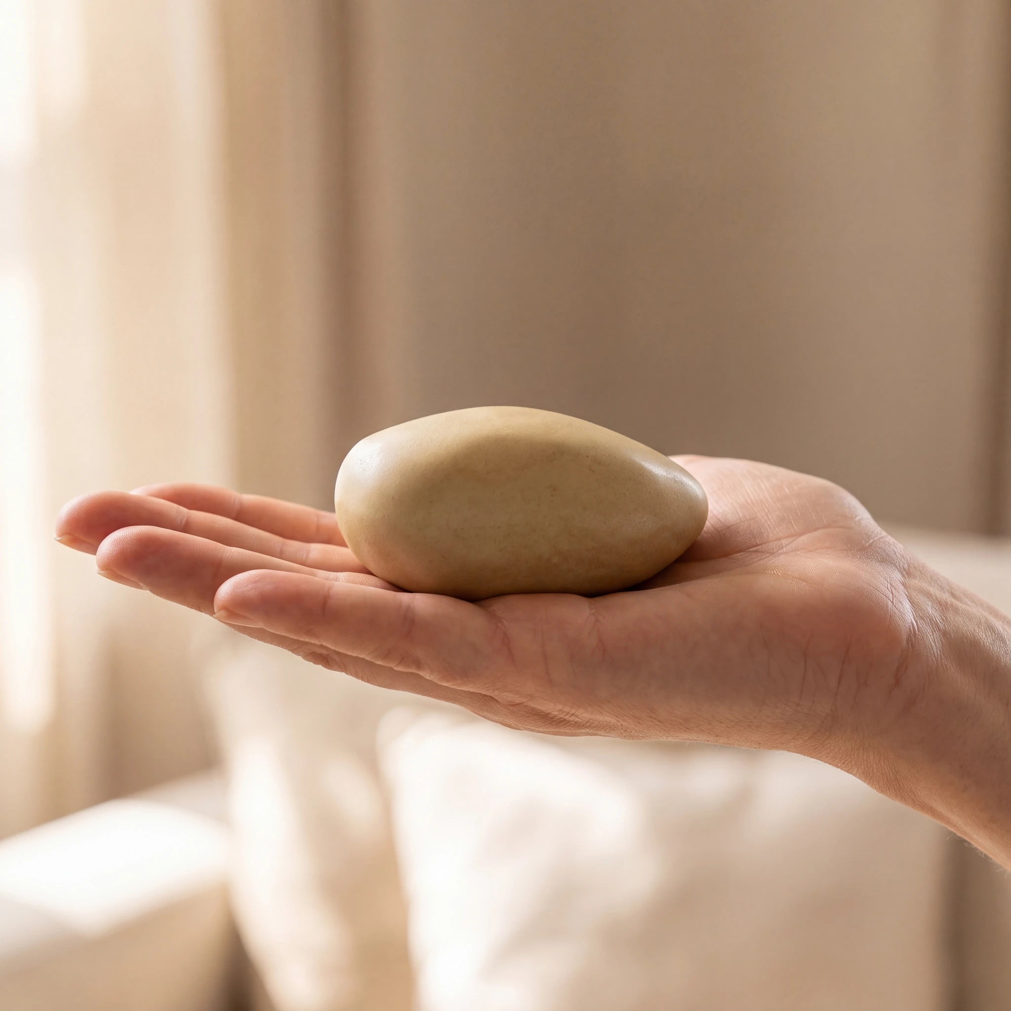 Pebbles-Small-Urn-for-Ashes-in-Light-Sand-In-the-Palm