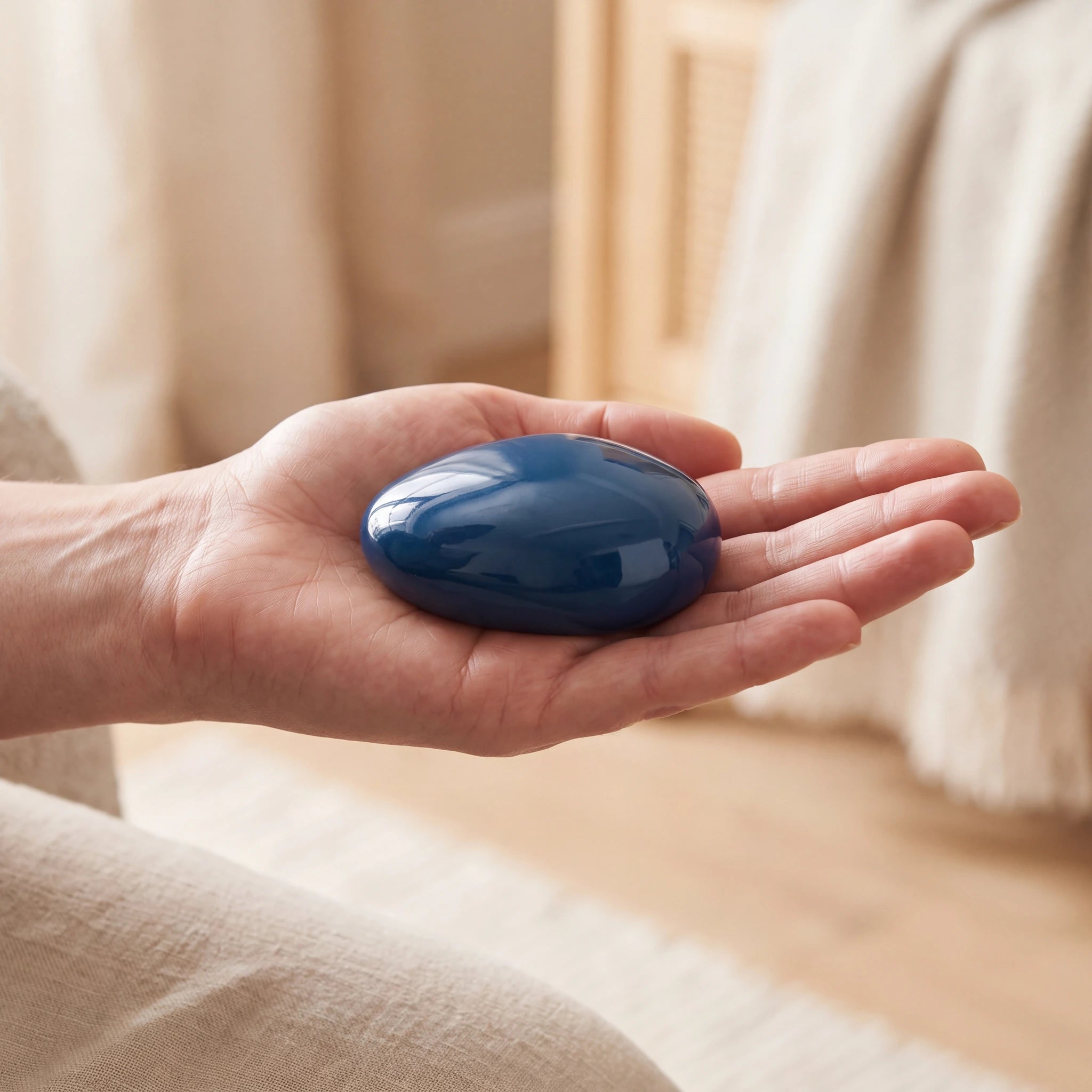 Pebbles-Small-Urn-for-Ashes-in-Metallic-Blue-In-the-Palm