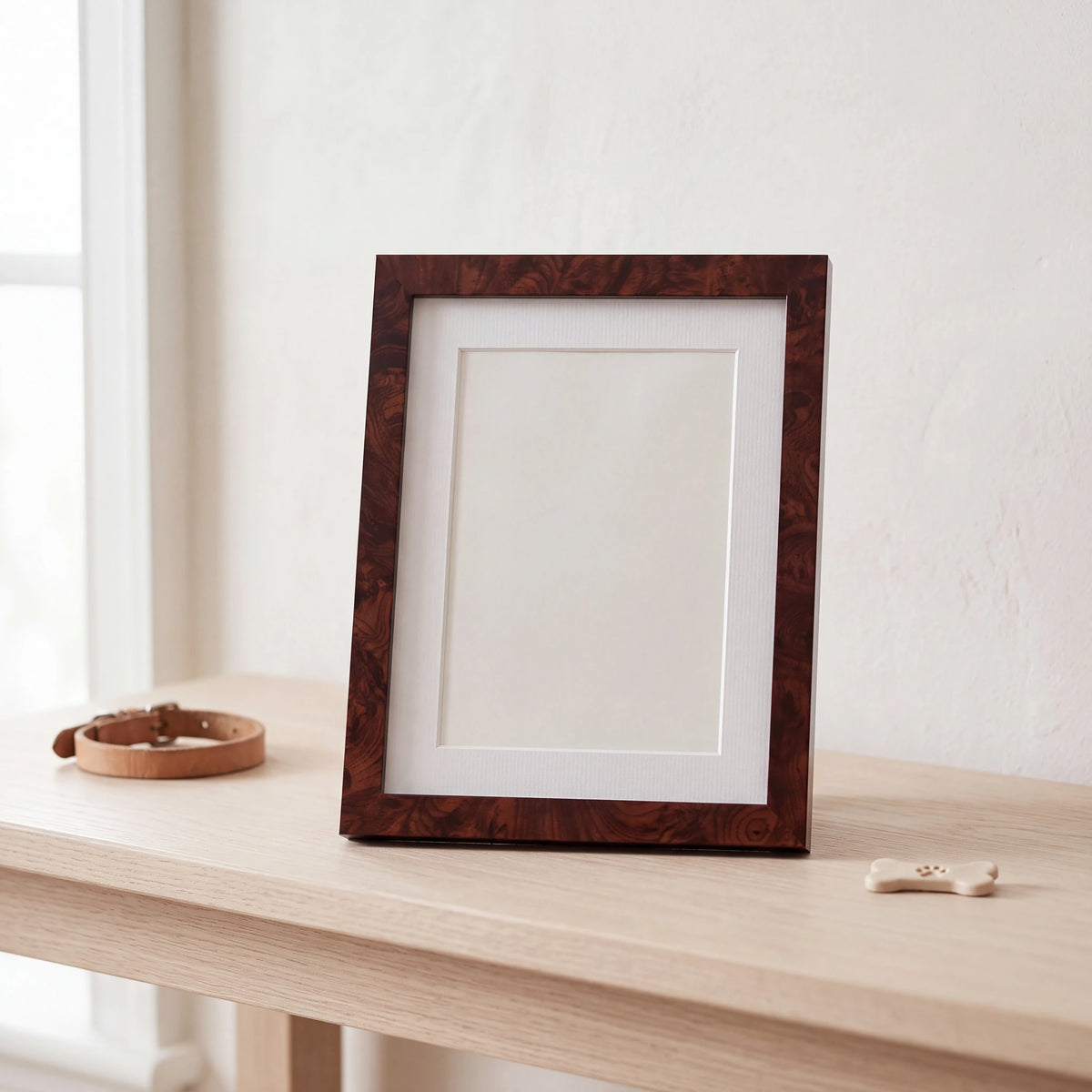 Pet-Memorial-Photo-Frame-in-Walnut-Medium-On-the-Console