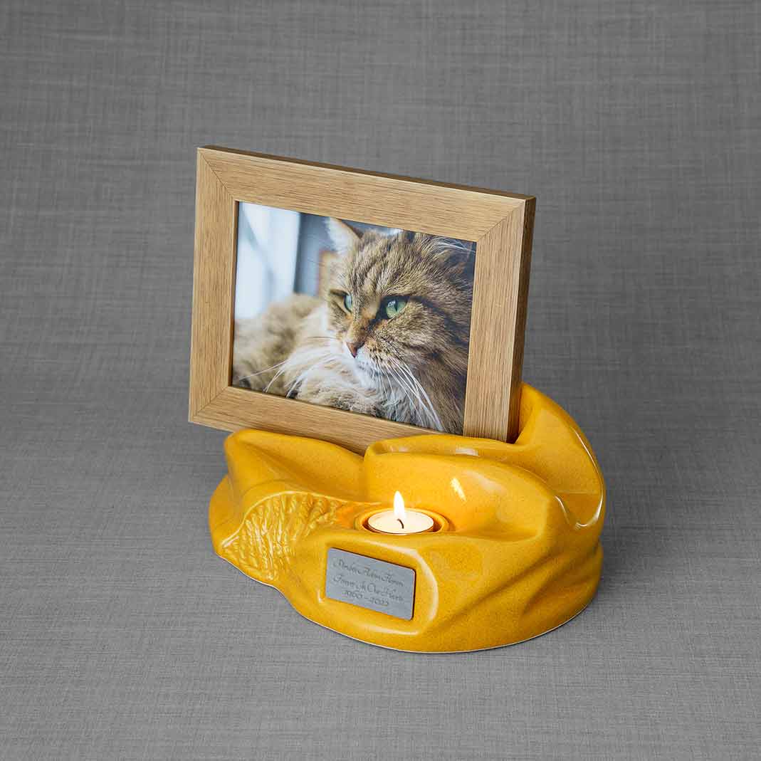 Picture Frame Pet Urns For Ashes In Amber Ceramic Facing Left With Photo Of Cat