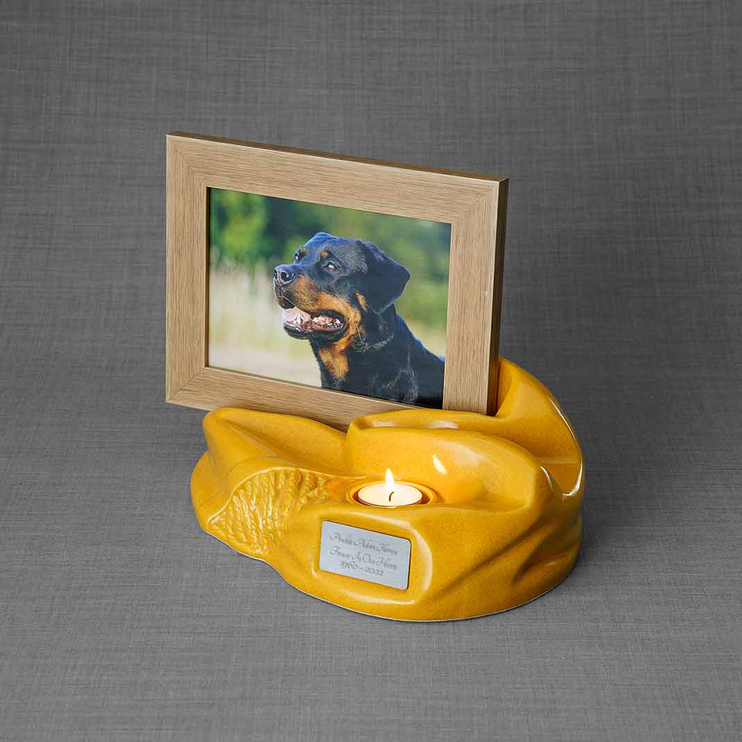 Picture Frame Pet Urns for Ashes in Amber Ceramic Facing Left with Photo of Dog