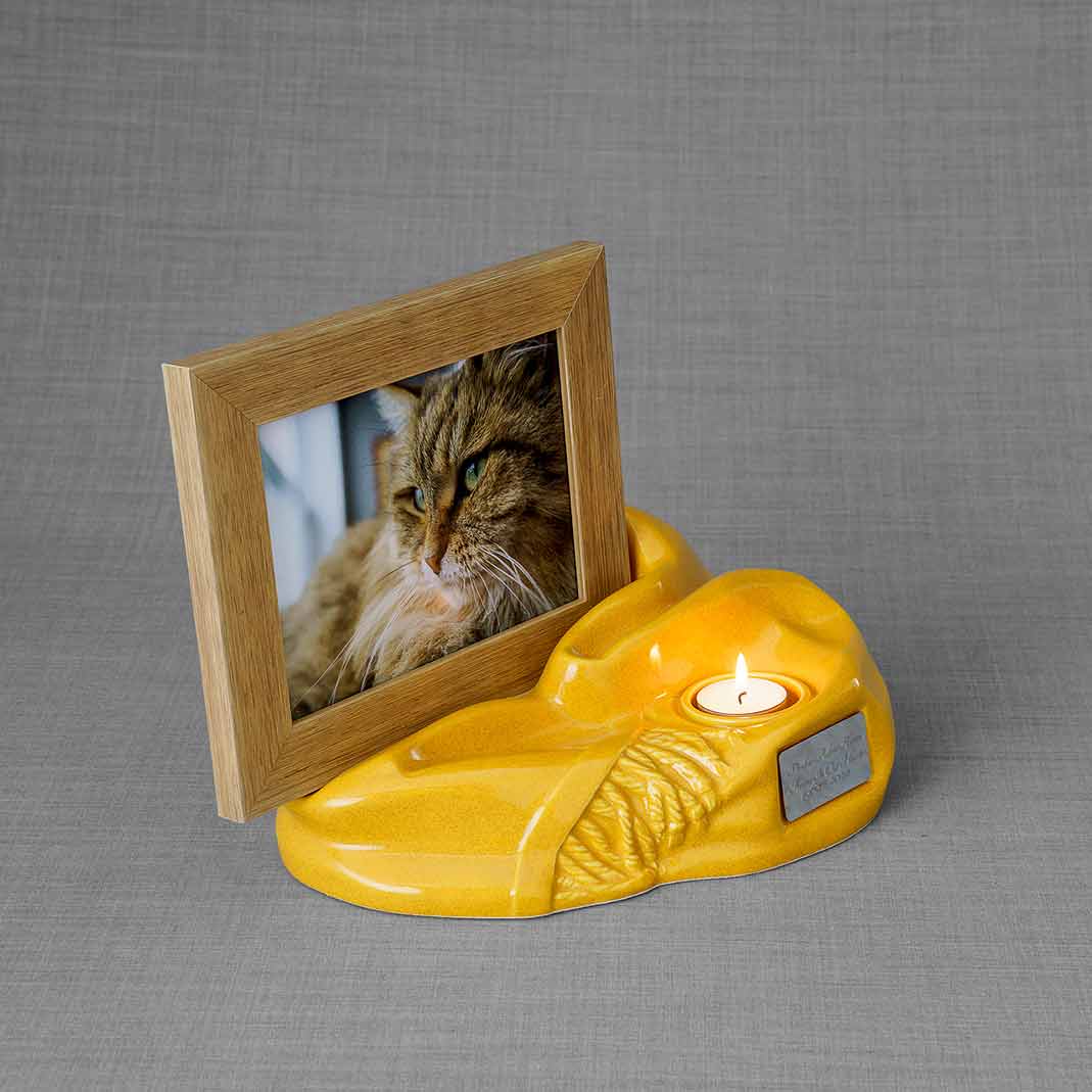 Picture Frame Pet Urns For Ashes In Amber Ceramic Facing Right With Photo Of Cat