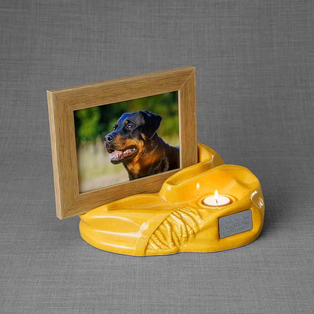 Picture Frame Pet Urns for Ashes in Amber Ceramic Facing Right with Photo of Dog