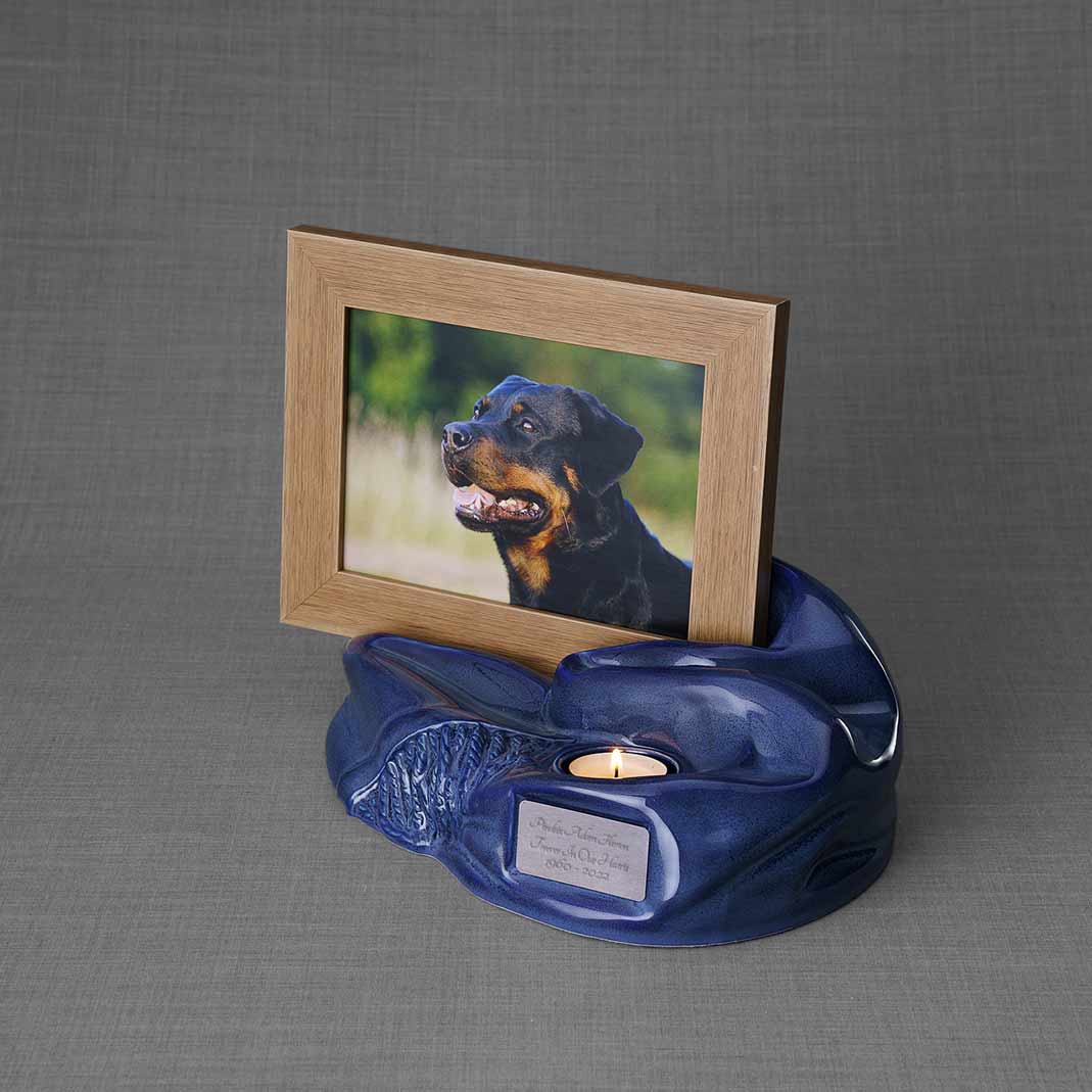 Picture Frame Pet Urns For Ashes In Blue Ceramic Facing Left With Photo Of Dog