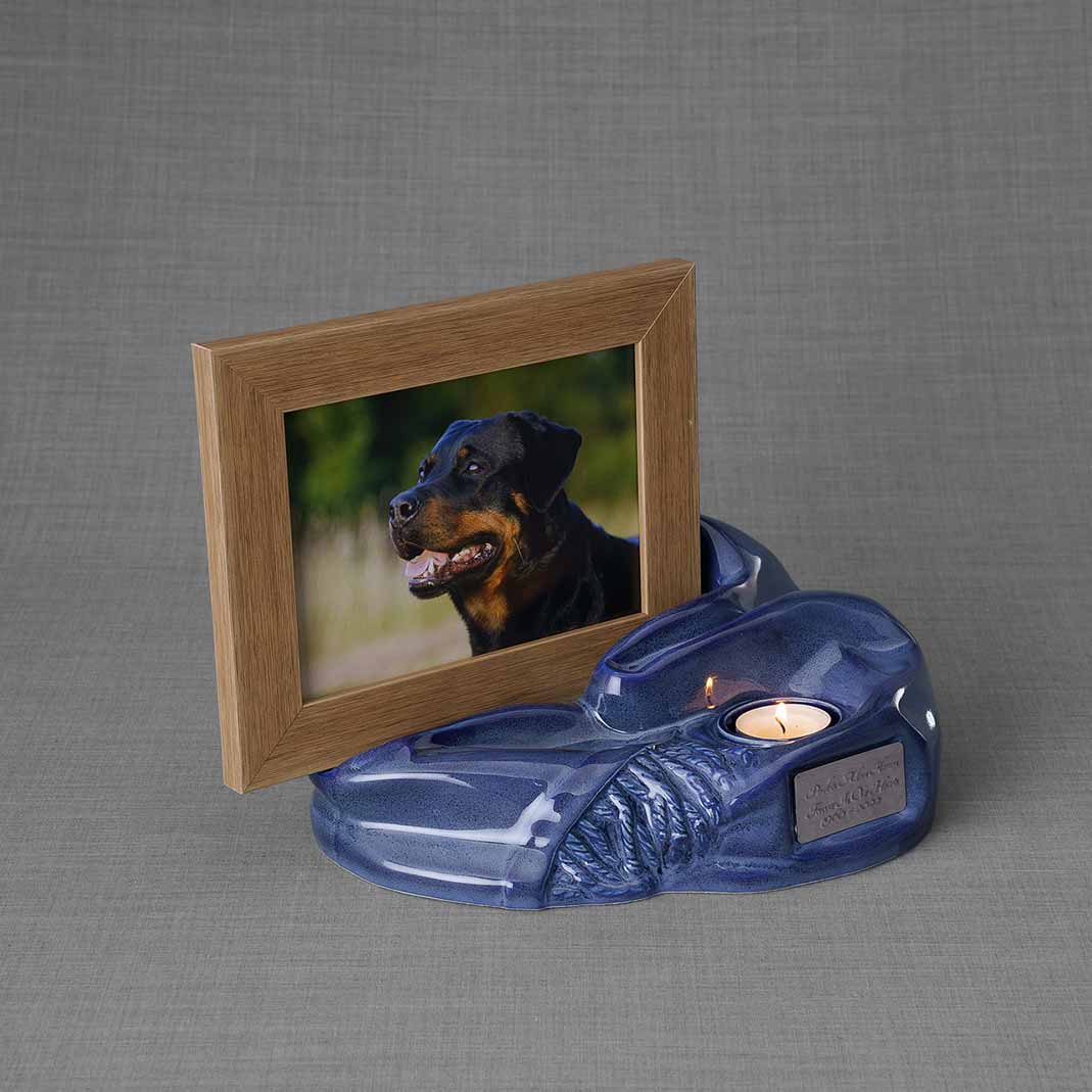 Picture Frame Pet Urns for Ashes in Blue Ceramic Facing Right with Photo of Dog