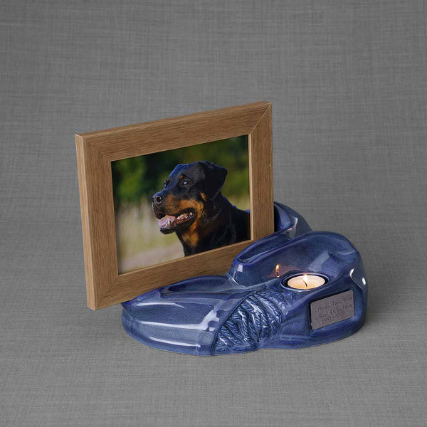 Picture Frame Pet Urns For Ashes In Blue Ceramic Facing Right With Photo Of Dog