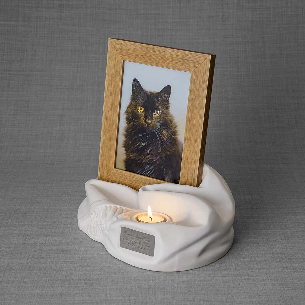 Picture Frame Pet Urns for Ashes in Matte White Ceramic Facing Left with Photo of Black Cat