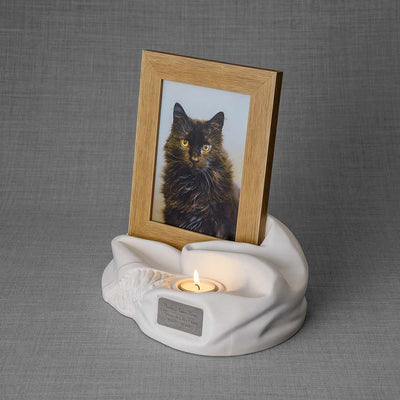 Picture Frame Pet Urns For Ashes In Matte White Ceramic Facing Left With Photo Of Black Cat