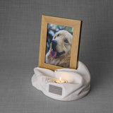 Picture Frame Pet Urns For Ashes In Matte White Ceramic Facing Left With Photo Of Dog