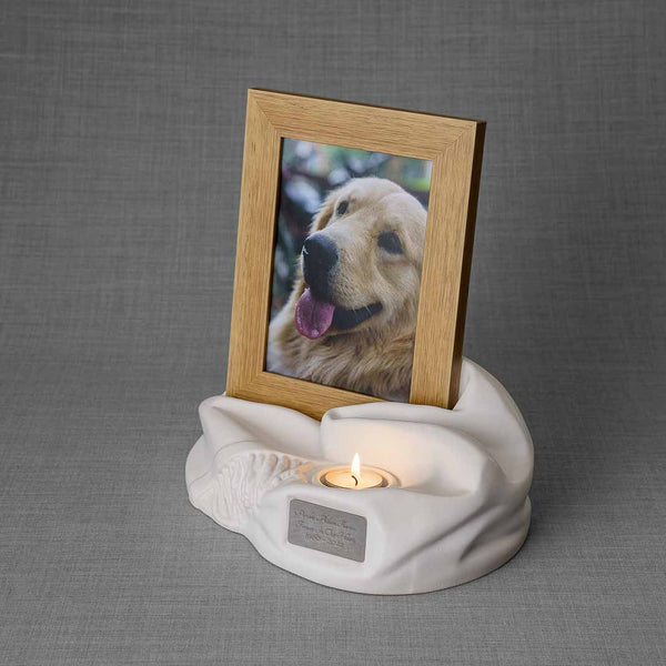 Picture Frame Pet Urns For Ashes In Matte White Ceramic Facing Left With Photo Of Dog