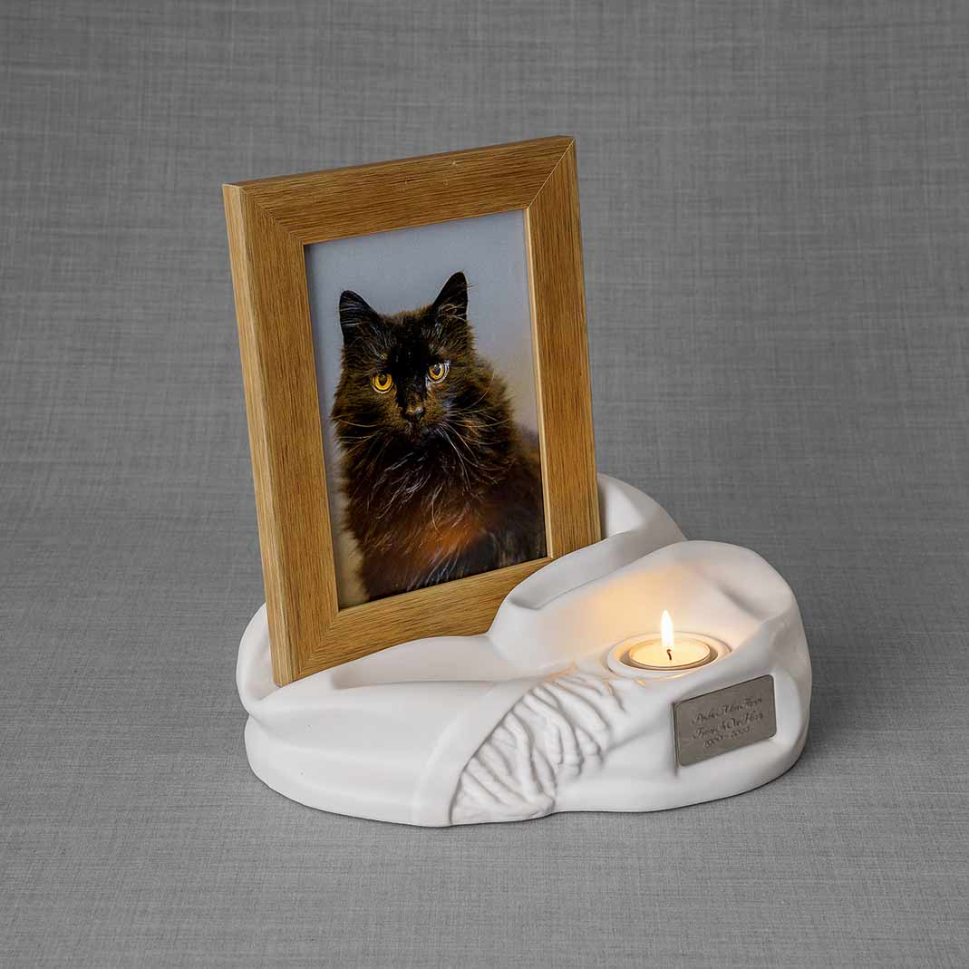 Picture Frame Pet Urns For Ashes In Matte White Ceramic Facing Right With Photo Of Black Cat