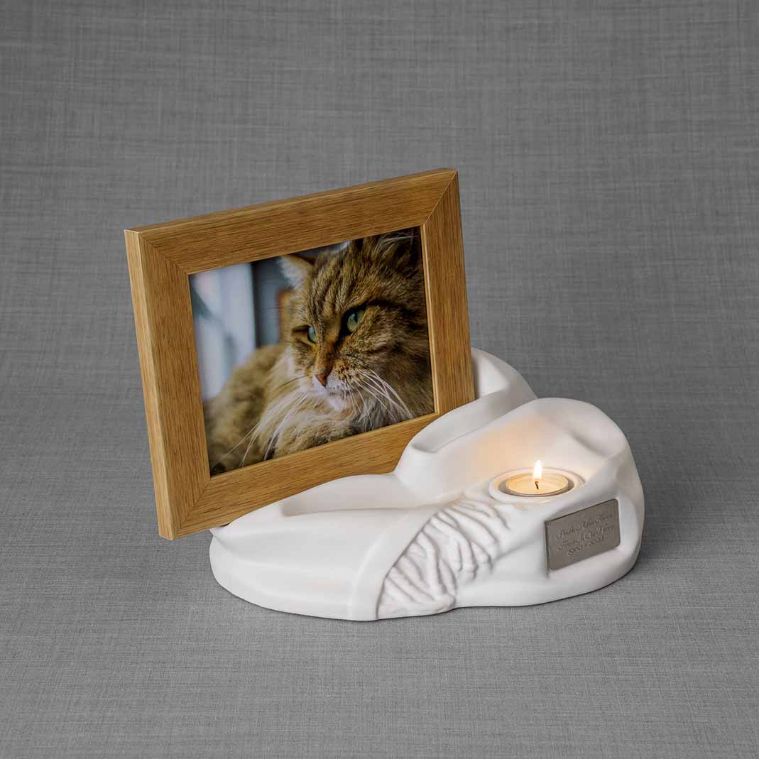 Picture Frame Pet Urns For Ashes In Matte White Ceramic Facing Right With Photo Of Cat