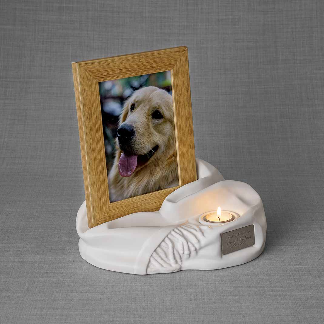 Picture Frame Pet Urns For Ashes In Matte White Ceramic Facing Right With Photo Of Dog