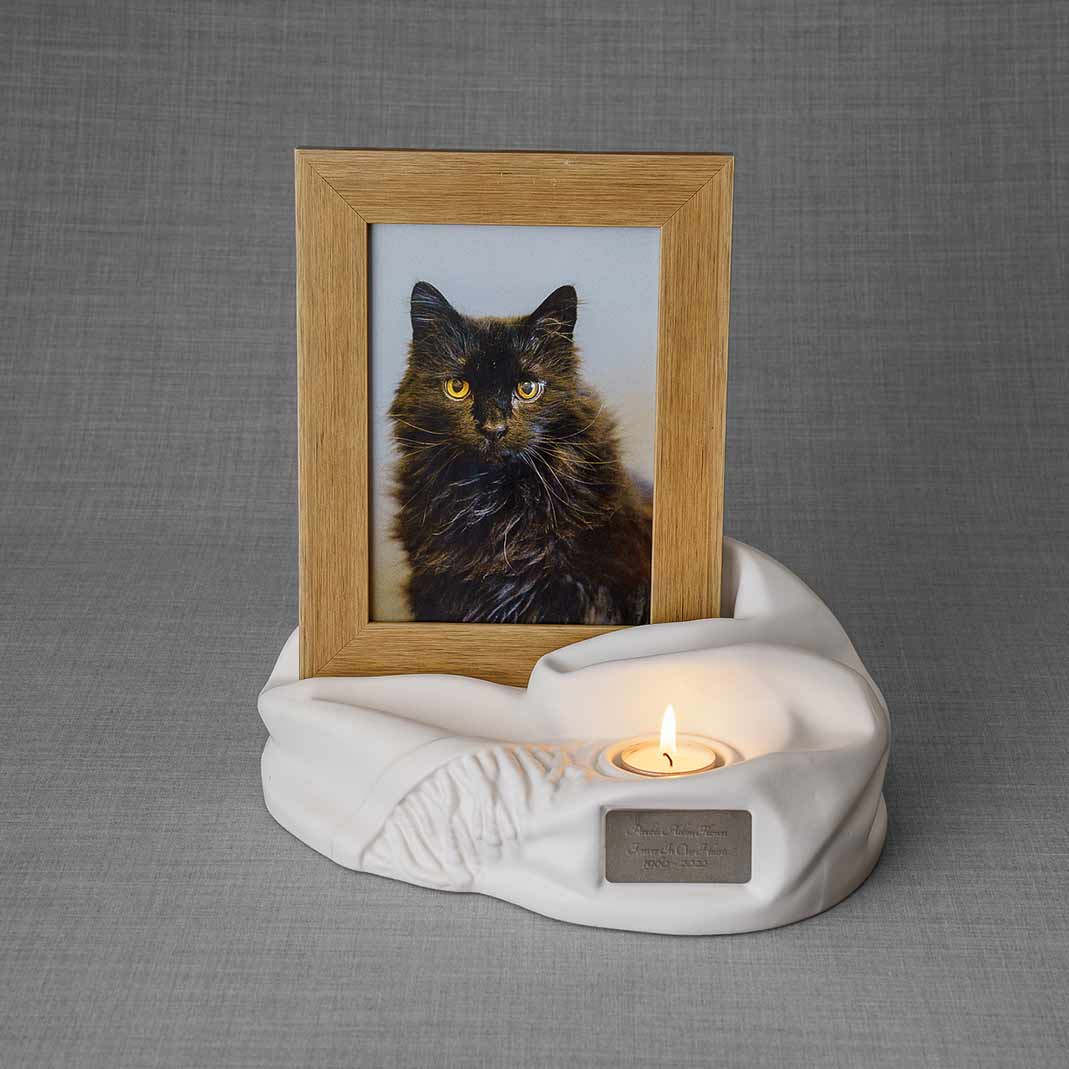 Picture Frame Pet Urns For Ashes In Matte White Ceramic With Photo Of Black Cat