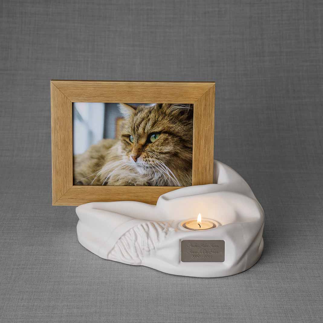 Picture Frame Pet Urns For Ashes In Matte White Ceramic With Photo Of Cat