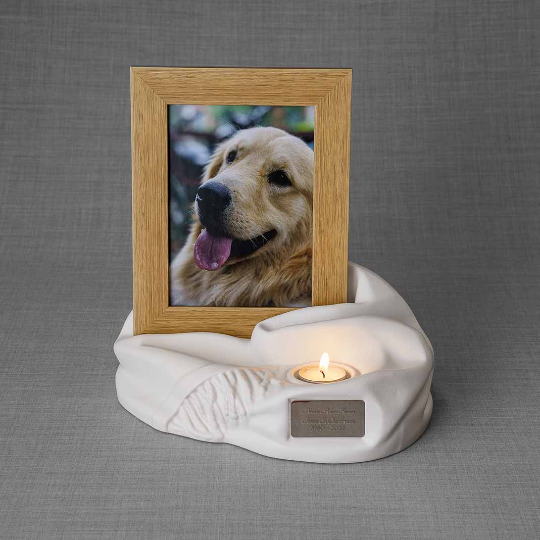 Picture Frame Pet Urns For Ashes In Matte White Ceramic With Photo Of Dog