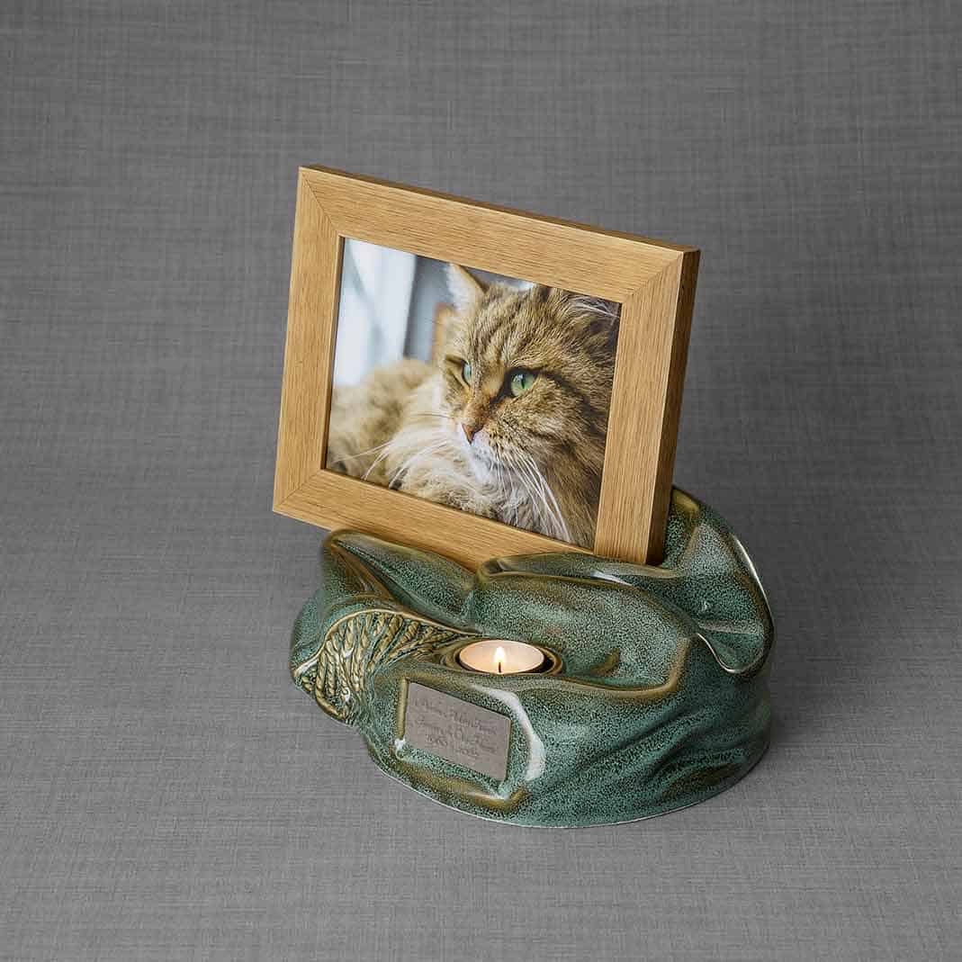 Picture Frame Pet Urns For Ashes In Oily Green Ceramic Facing Left With Photo Of Cat
